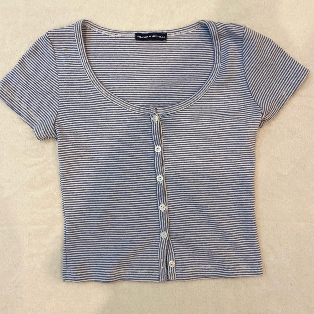 blue striped button down top
